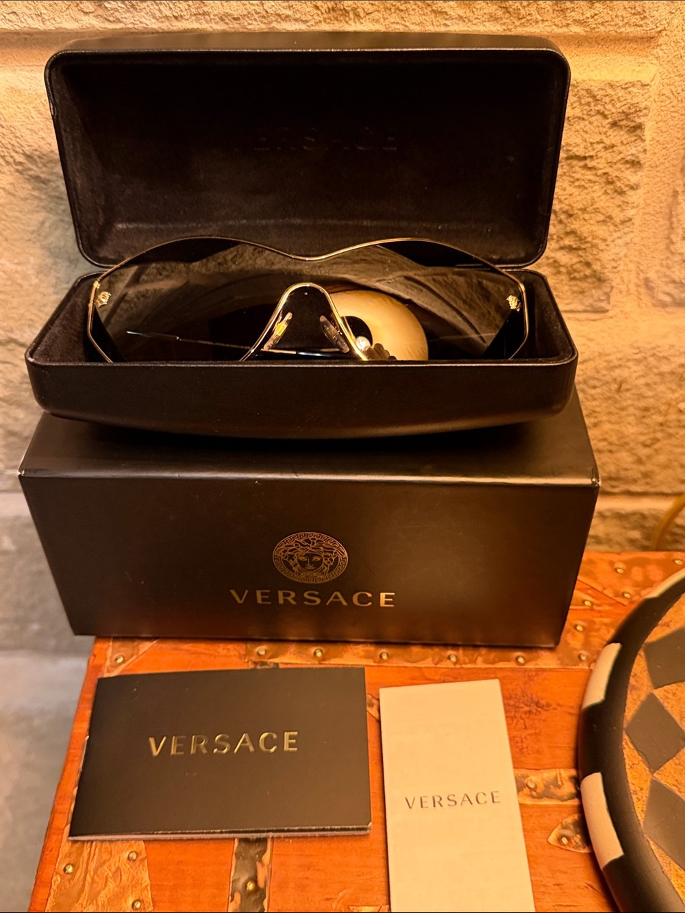 Versace Black Shield Sunglasses with Gold Trim ⭐️ GORGEOUS - Picture 11 of 13